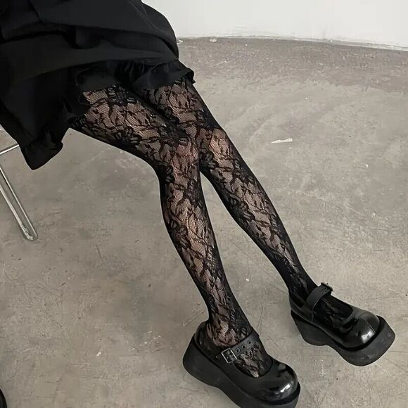 Women Black Net Stockings With Floral Pattern Sexy Match Any Outfit Tights NEW - Picture 3 of 4